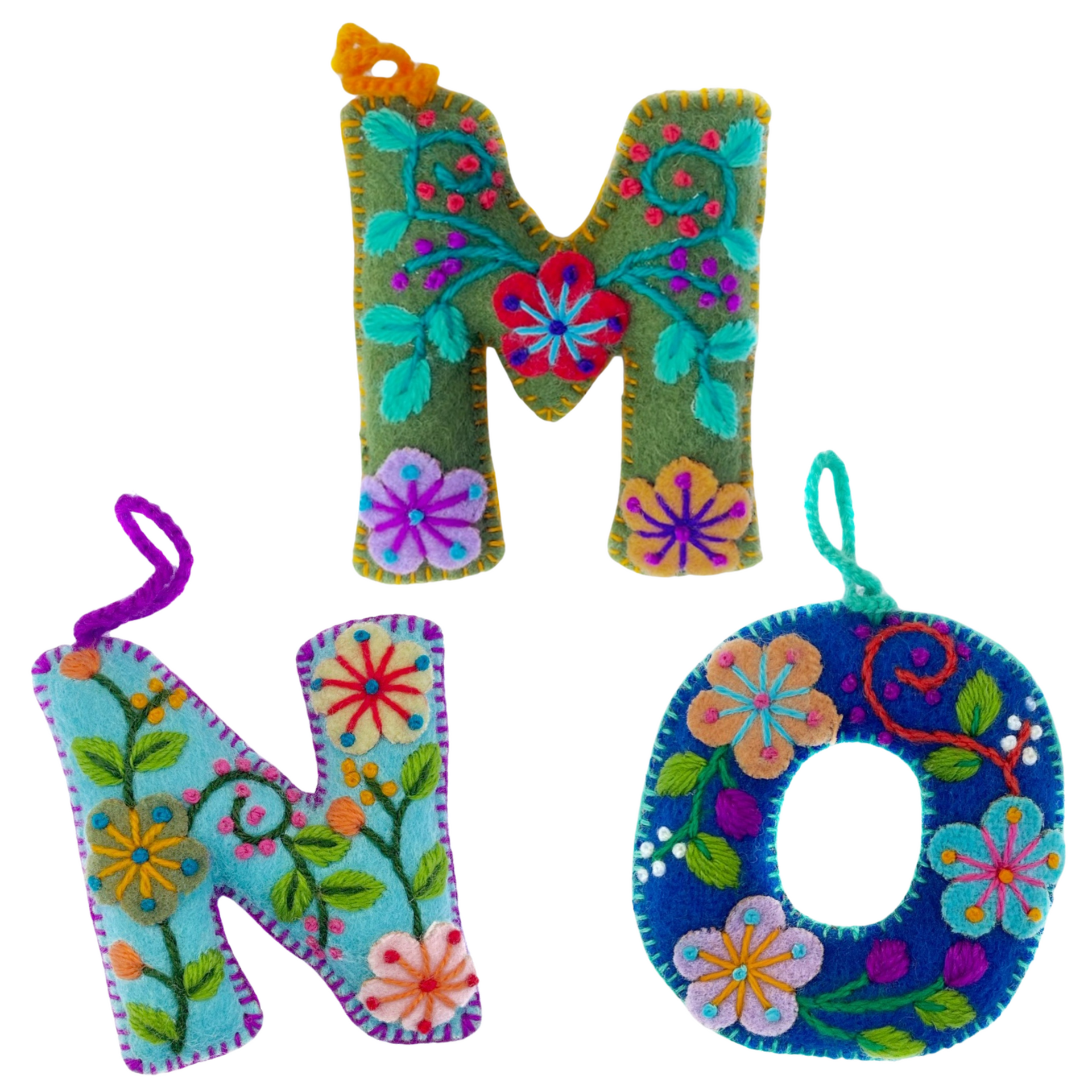 Colorful Letter Ornament, Embroidered Wool