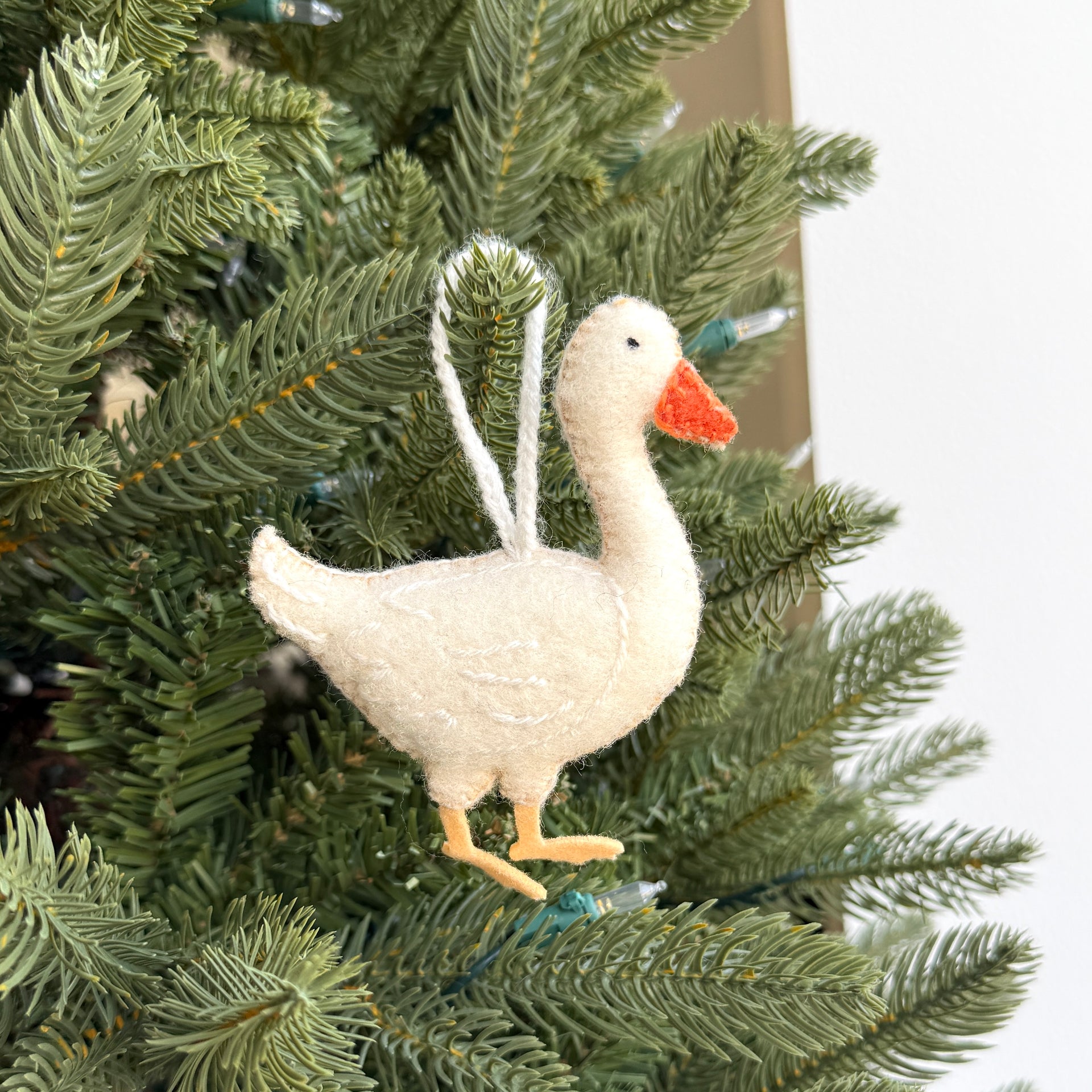 White Goose Ornament, Embroidered Wool