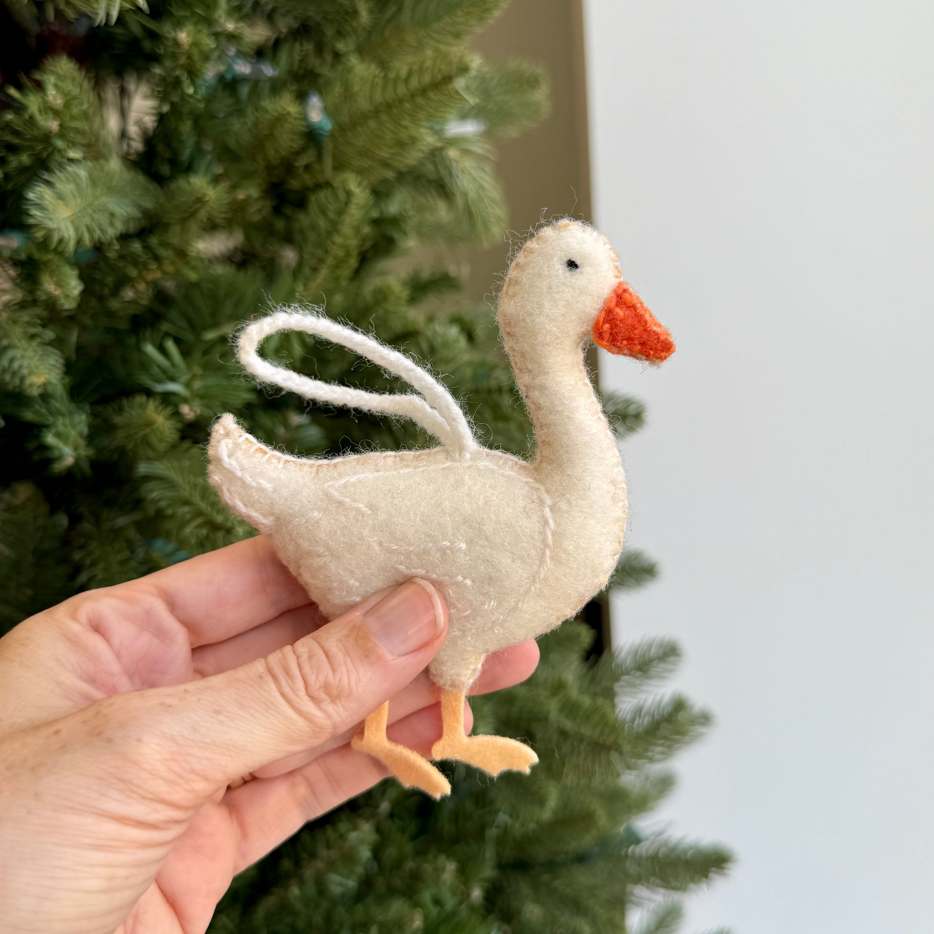 White Goose Ornament, Embroidered Wool