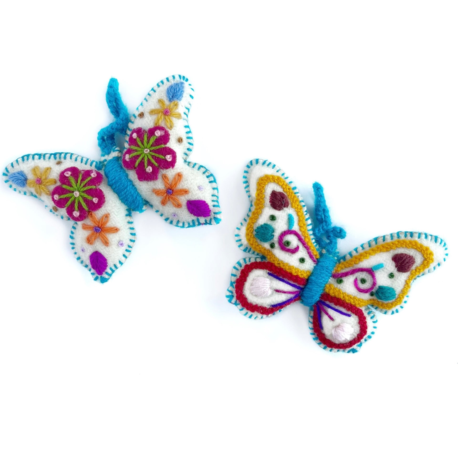 White Butterfly Ornament, Multicolor Embroidered Wool