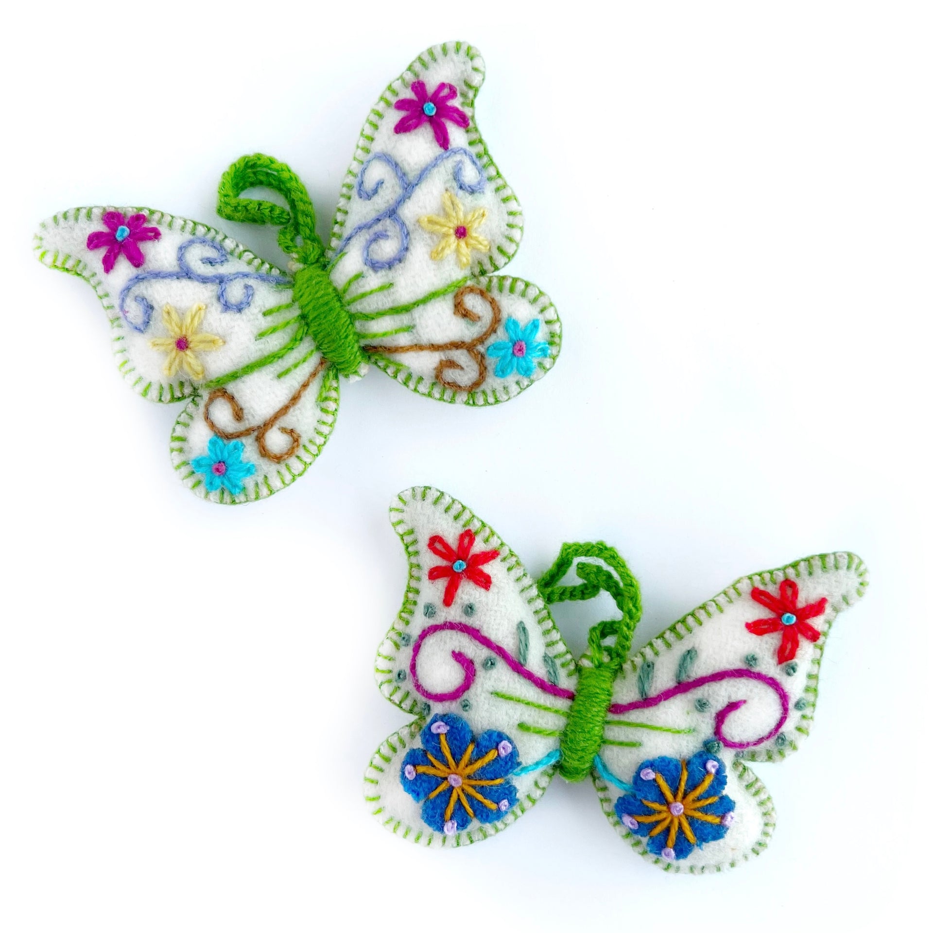 White Butterfly Ornament, Multicolor Embroidered Wool