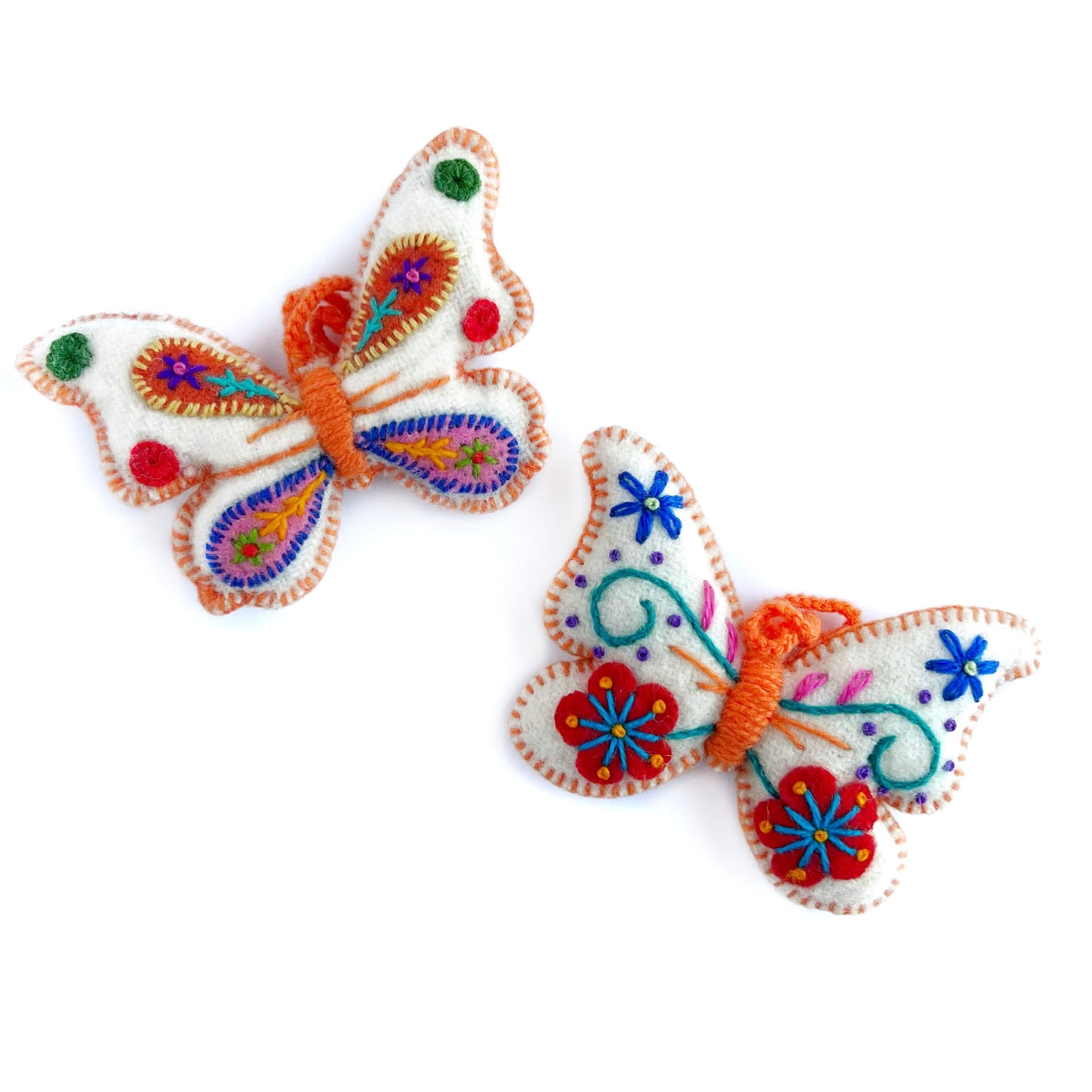 White Butterfly Ornament, Multicolor Embroidered Wool