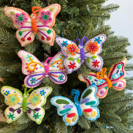 White Butterfly Ornament, Multicolor Embroidered Wool