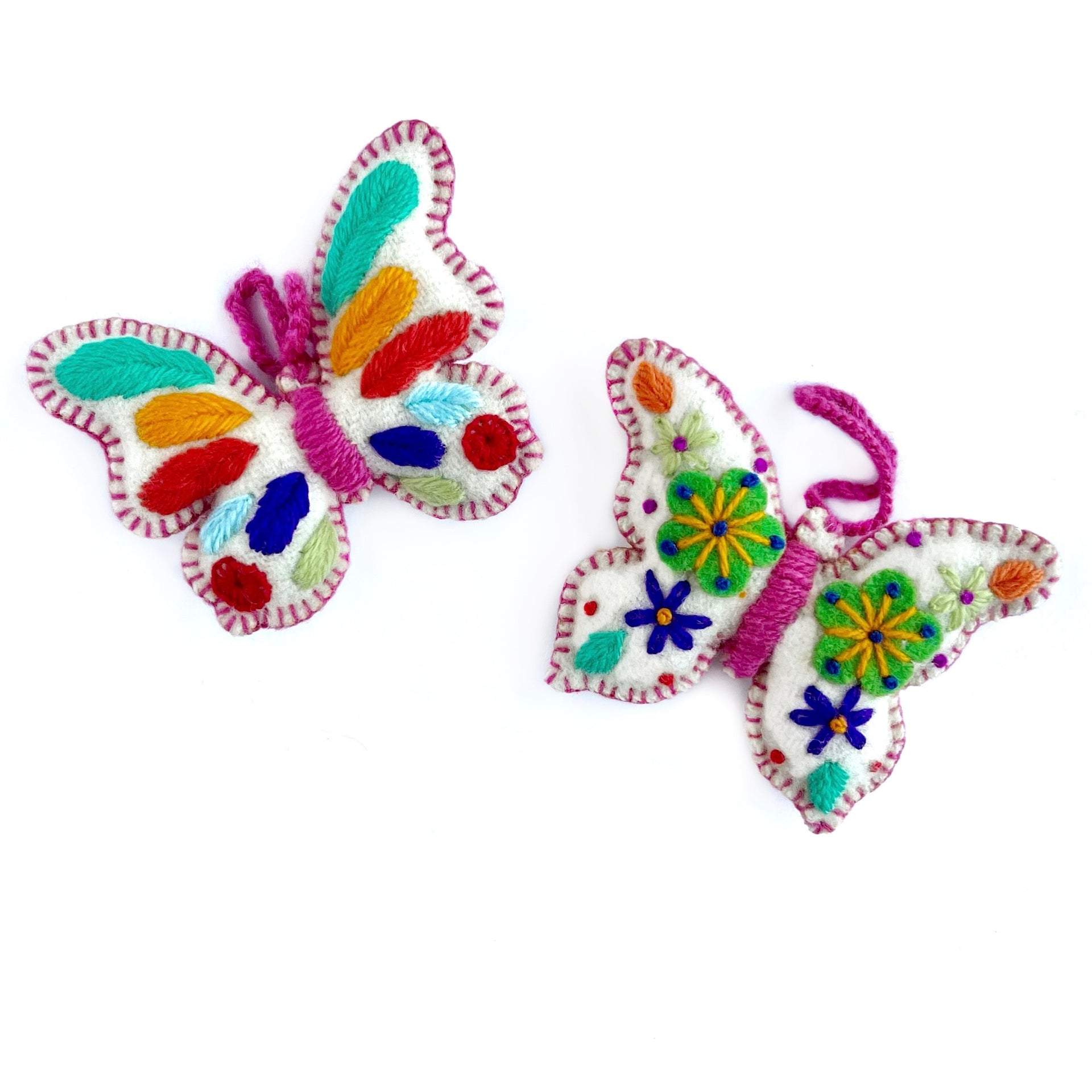 White Butterfly Ornament, Multicolor Embroidered Wool