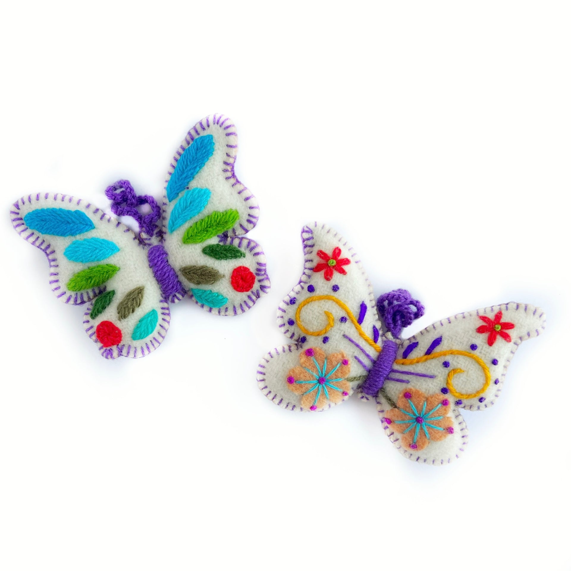 White Butterfly Ornament, Multicolor Embroidered Wool