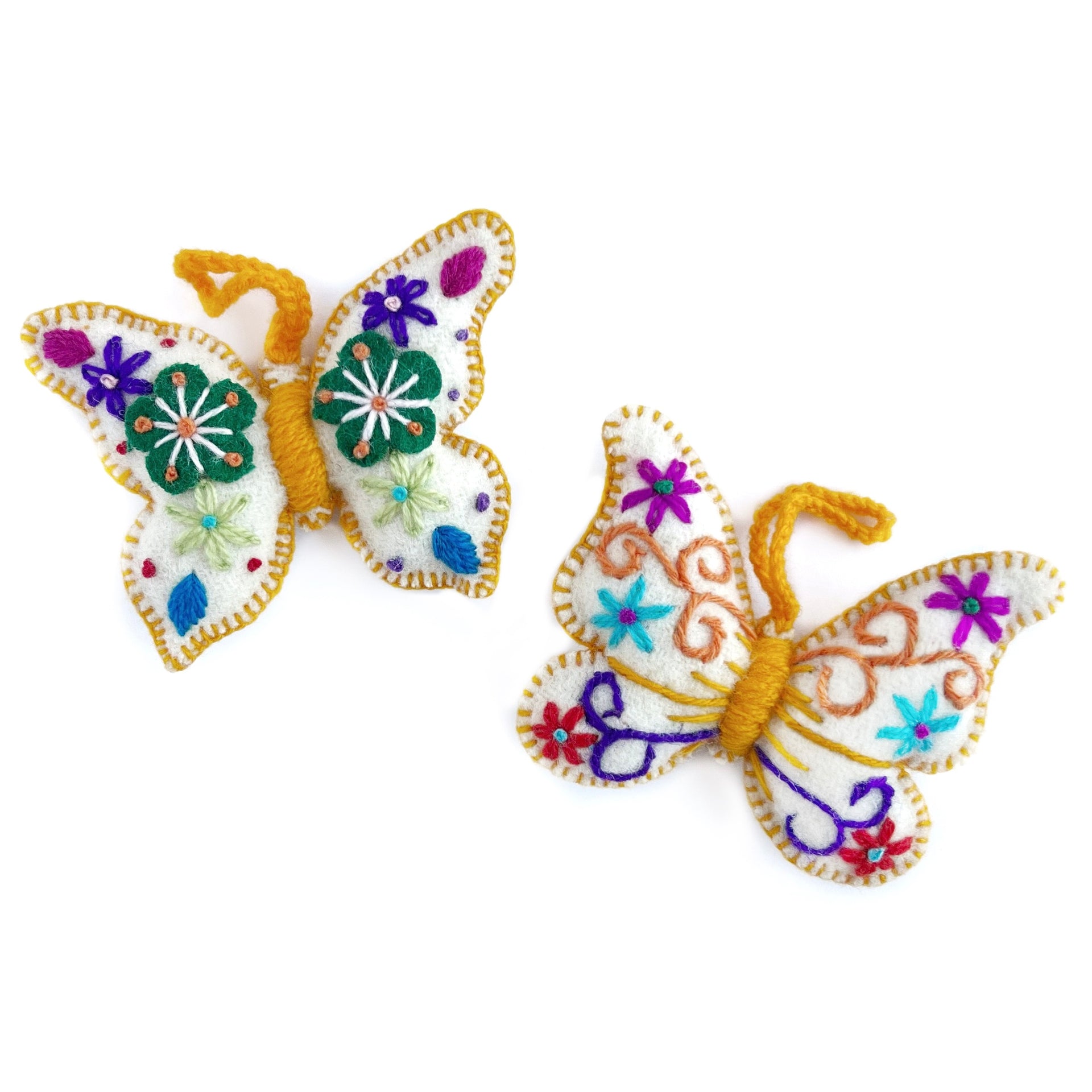 White Butterfly Ornament, Multicolor Embroidered Wool