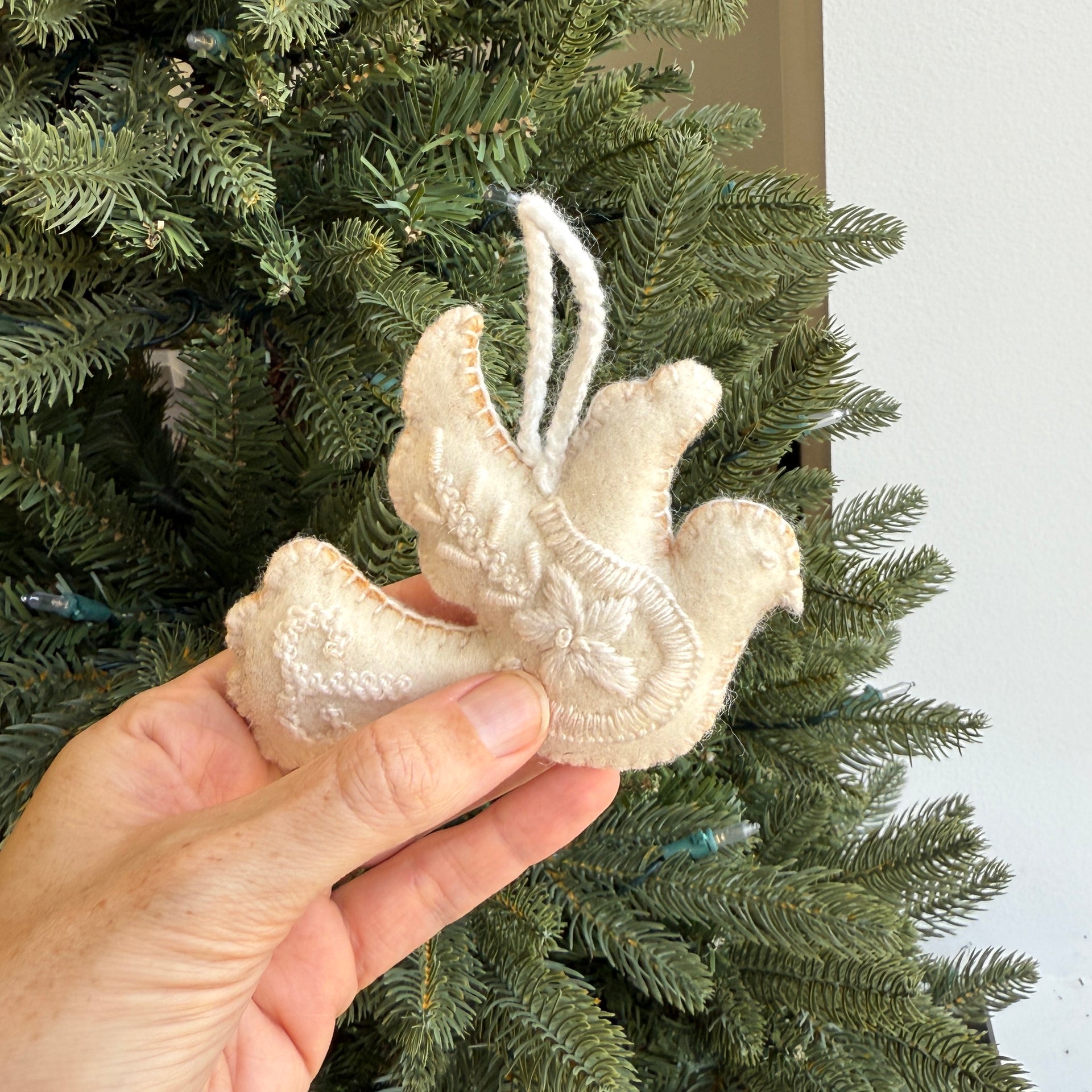 White Dove Ornament, Embroidered Wool