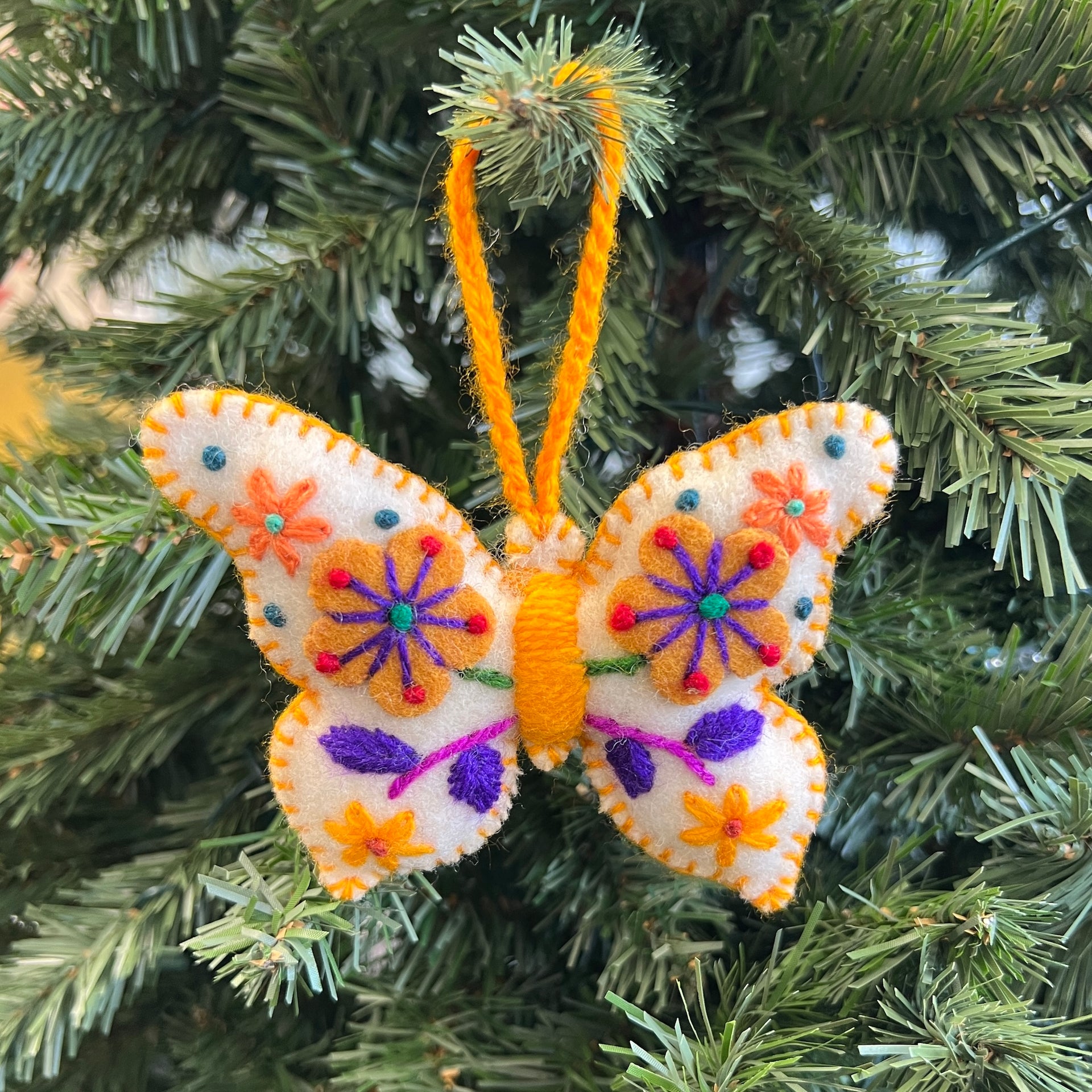 White Butterfly Ornament, Multicolor Embroidered Wool