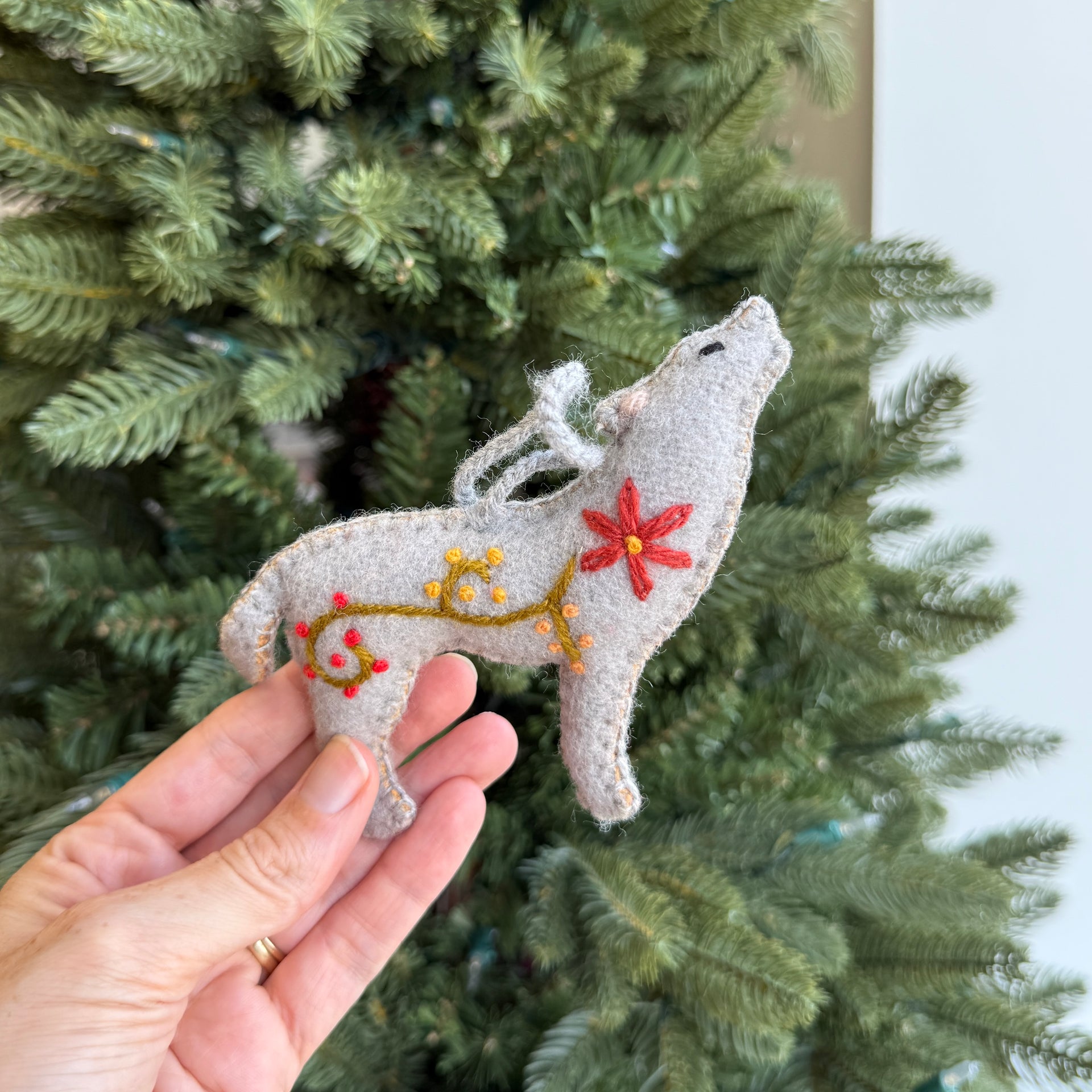 Wolf Ornament, Embroidered Wool