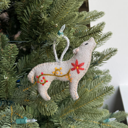 Wolf Ornament, Embroidered Wool