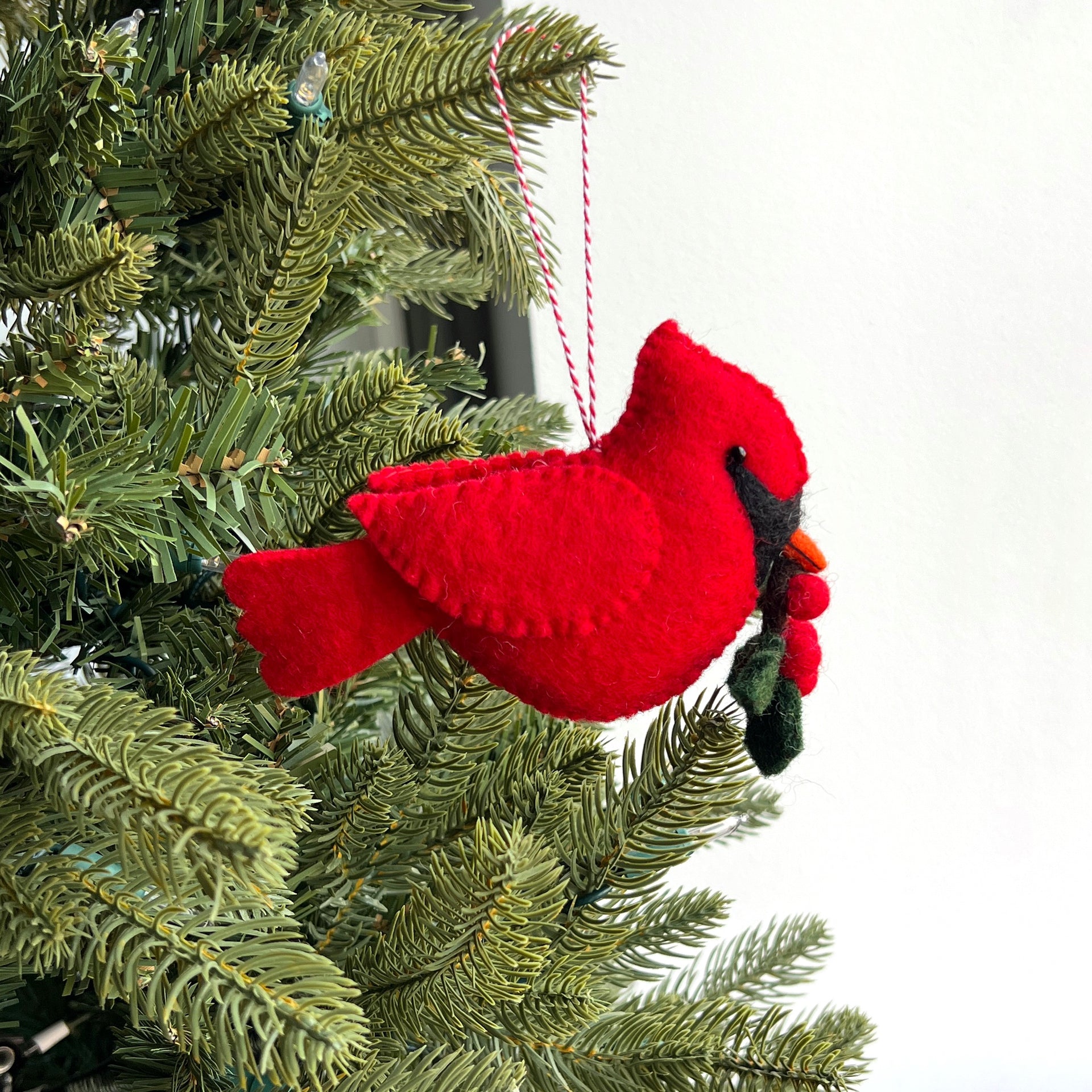 Large Cardinal with Holly Ornament, Felt Wool