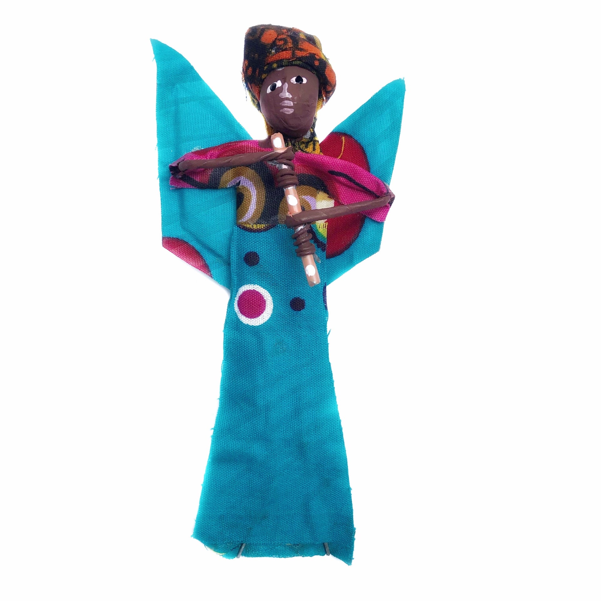 Black African Angel Ornament with Flute Paper Mache Kitenge Handmade