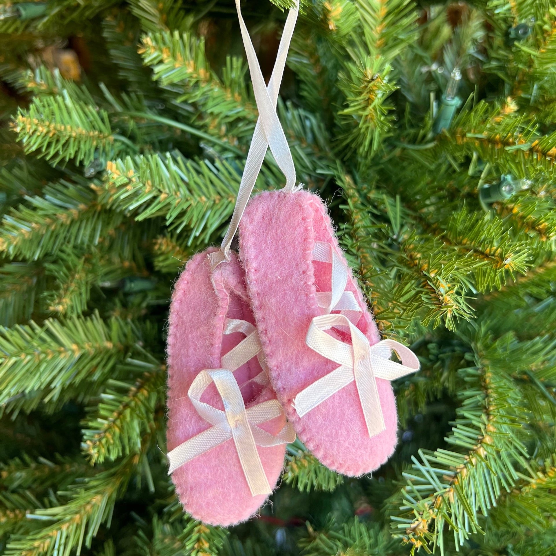 Handmade Pink Ballet Shoe Ornament hanging on Christmas Tree