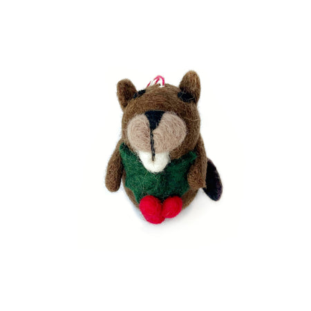 Beaver with Holly Ornament, Tufted Wool