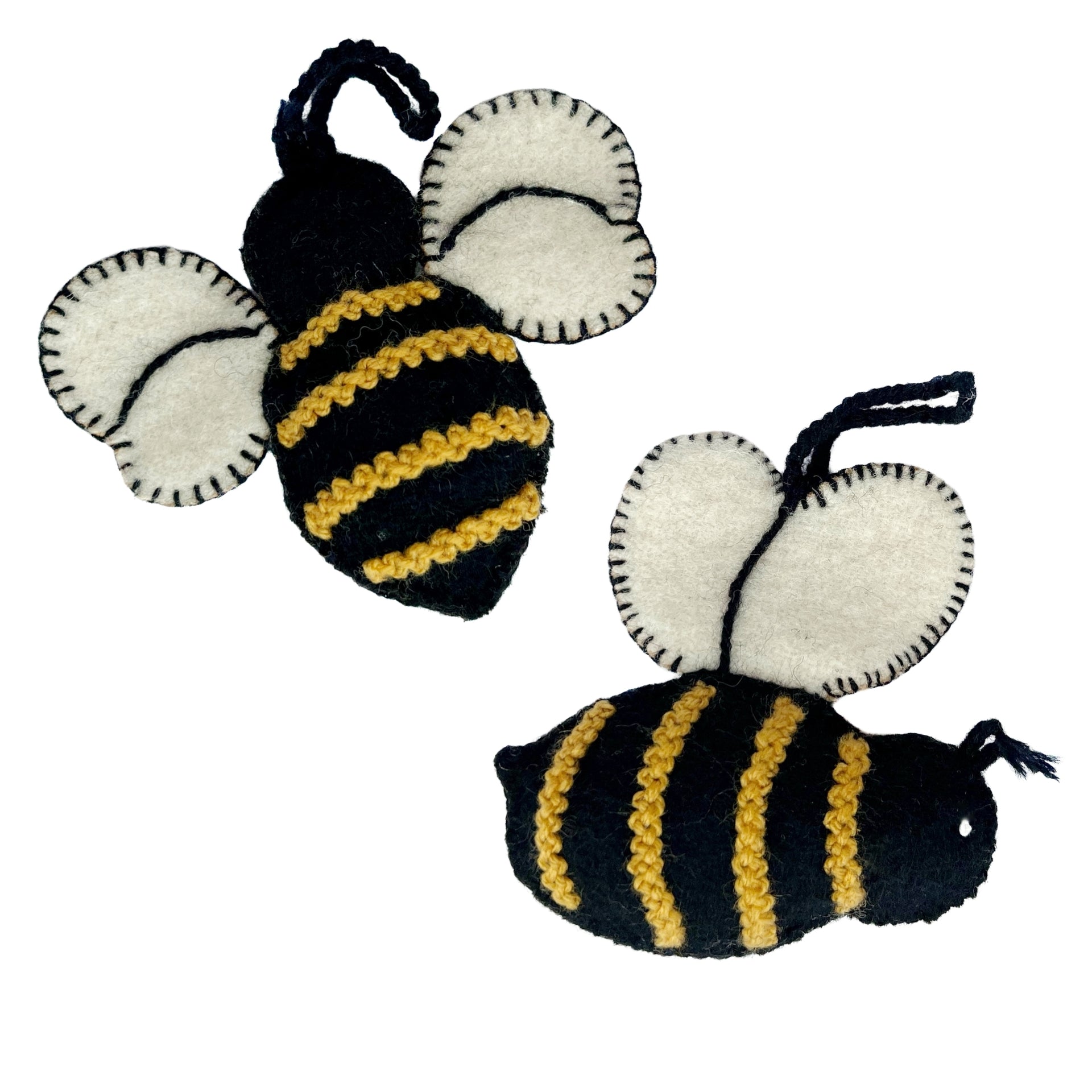 Two styles of handmade embroidered Bee Christmas Ornaments from Peru.