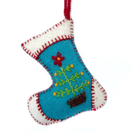 Blue Stocking Ornament, Embroidered Wool