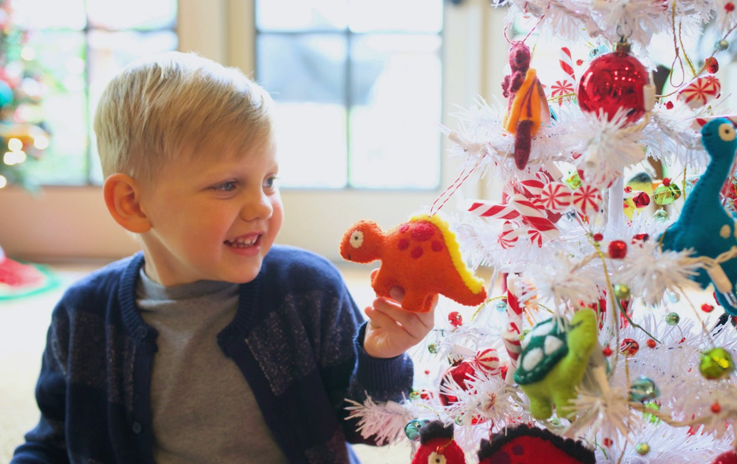Little boy looking at colorful dinosaur Christmas ornaments by Ornaments 4 Orphans