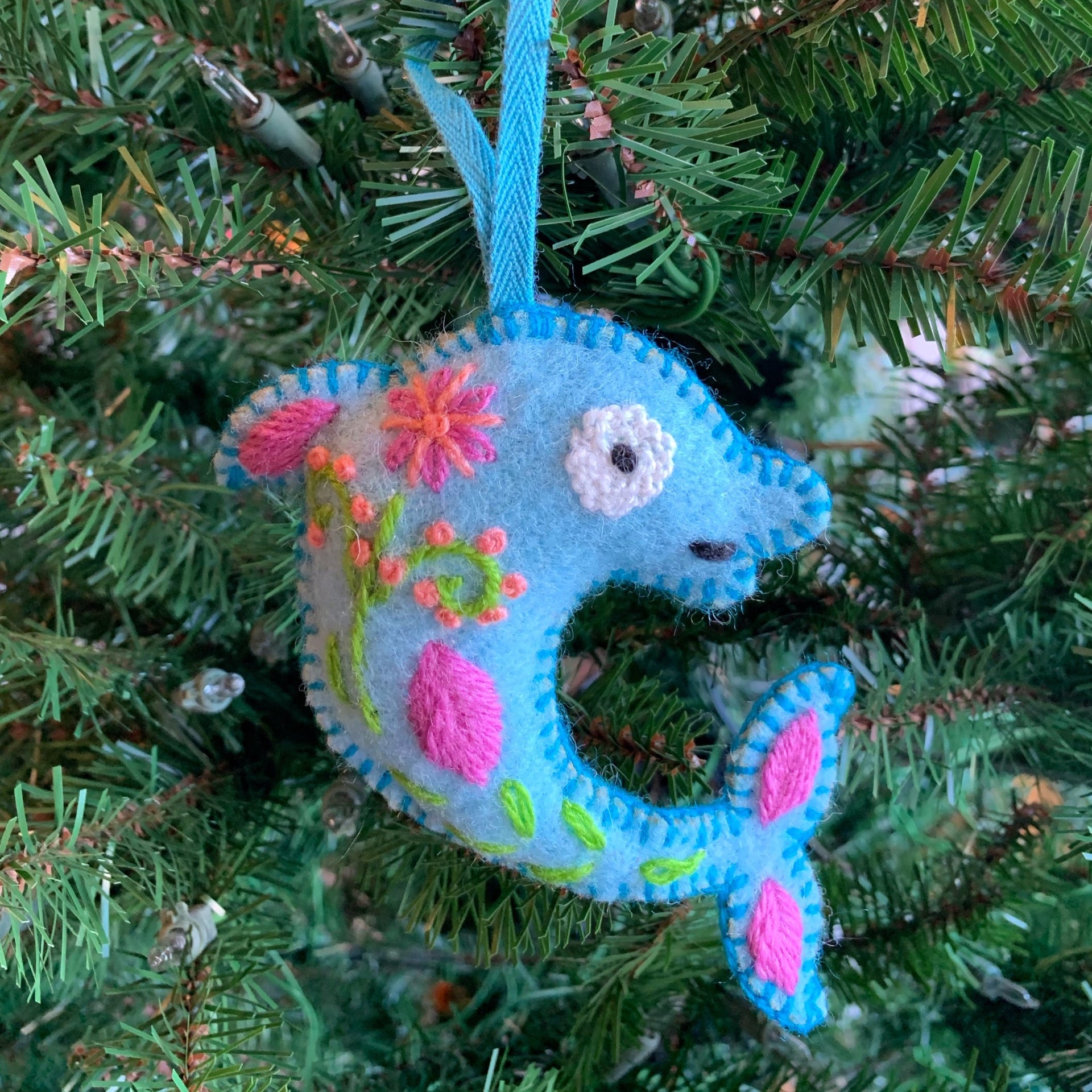 Dolphin Ornament, Embroidered Wool
