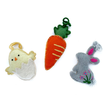 Set of three Easter Ornaments including a baby chick, carrot and bunny.