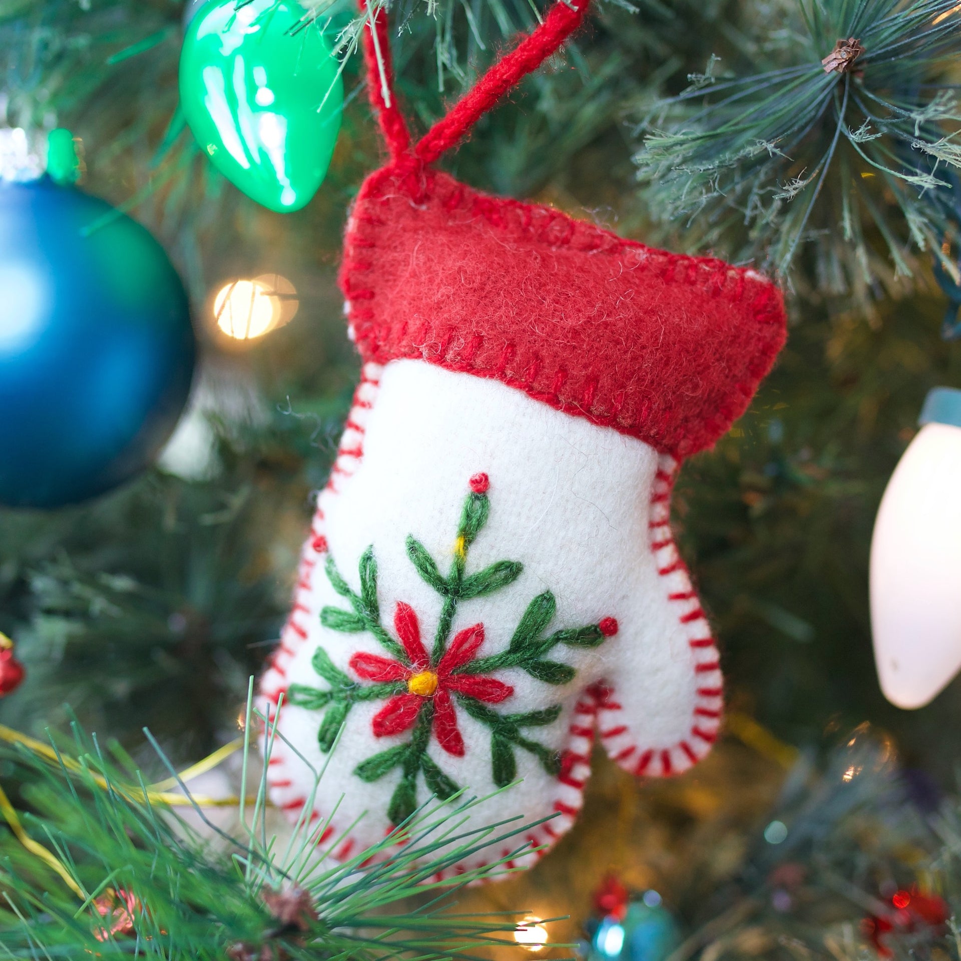 White Mitten Ornament, Embroidered Wool