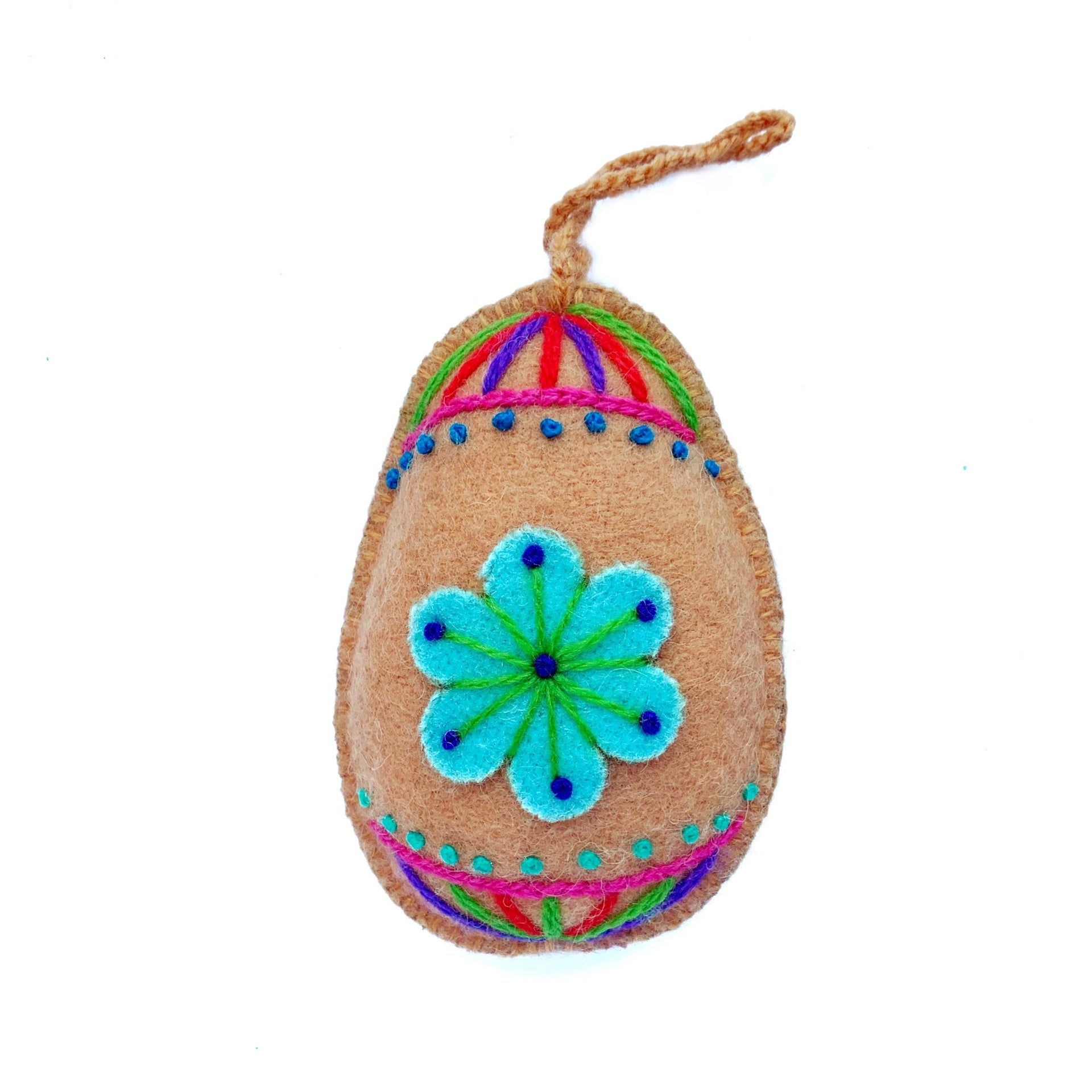 Soft orange pastel Easter egg ornament with hand embroidered flowers and designs.