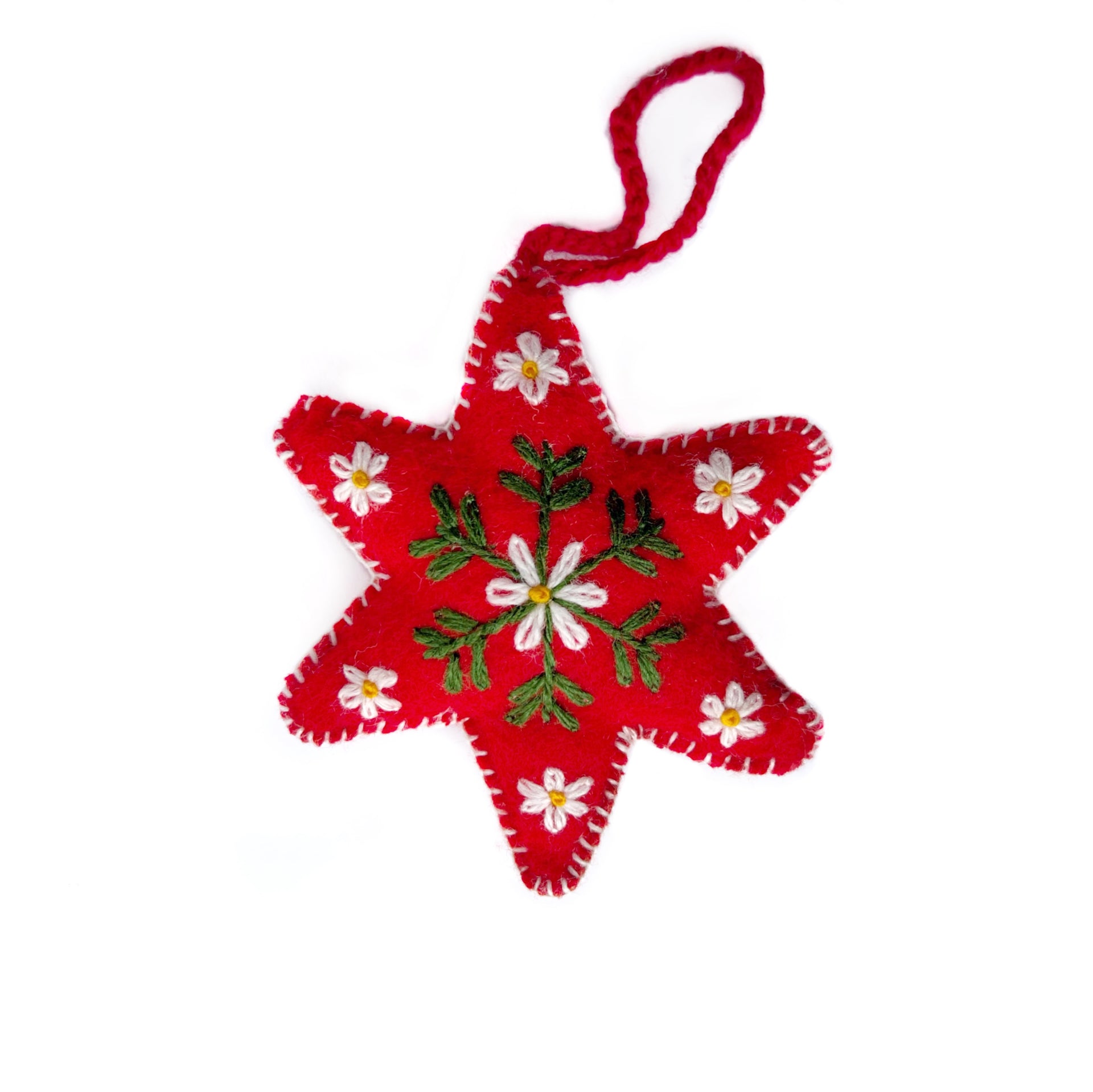 Red Star Ornament, Embroidered Wool