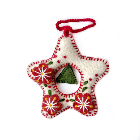 White Star Wreath Ornament, Embroidered Wool