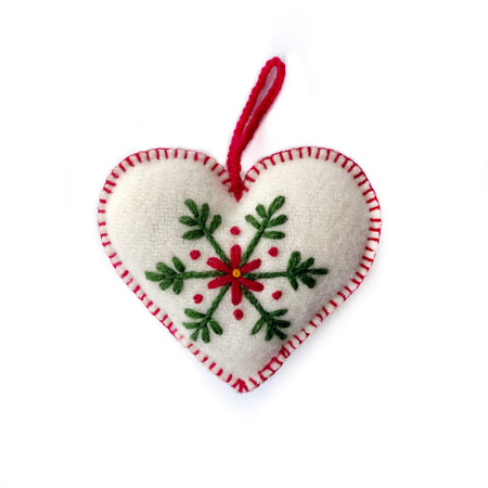 White Heart Ornament, Embroidered Wool