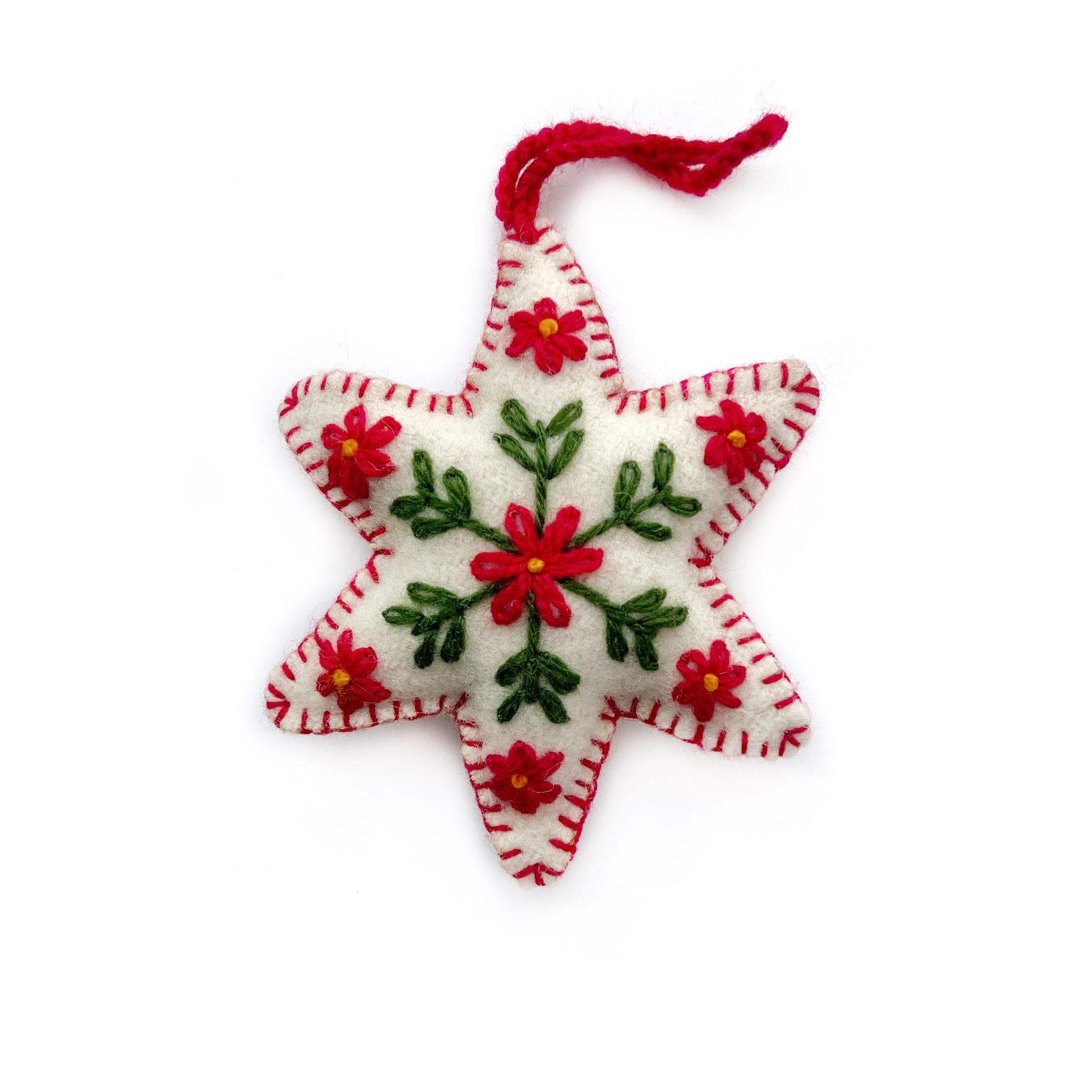 White Star Ornament, Embroidered Wool