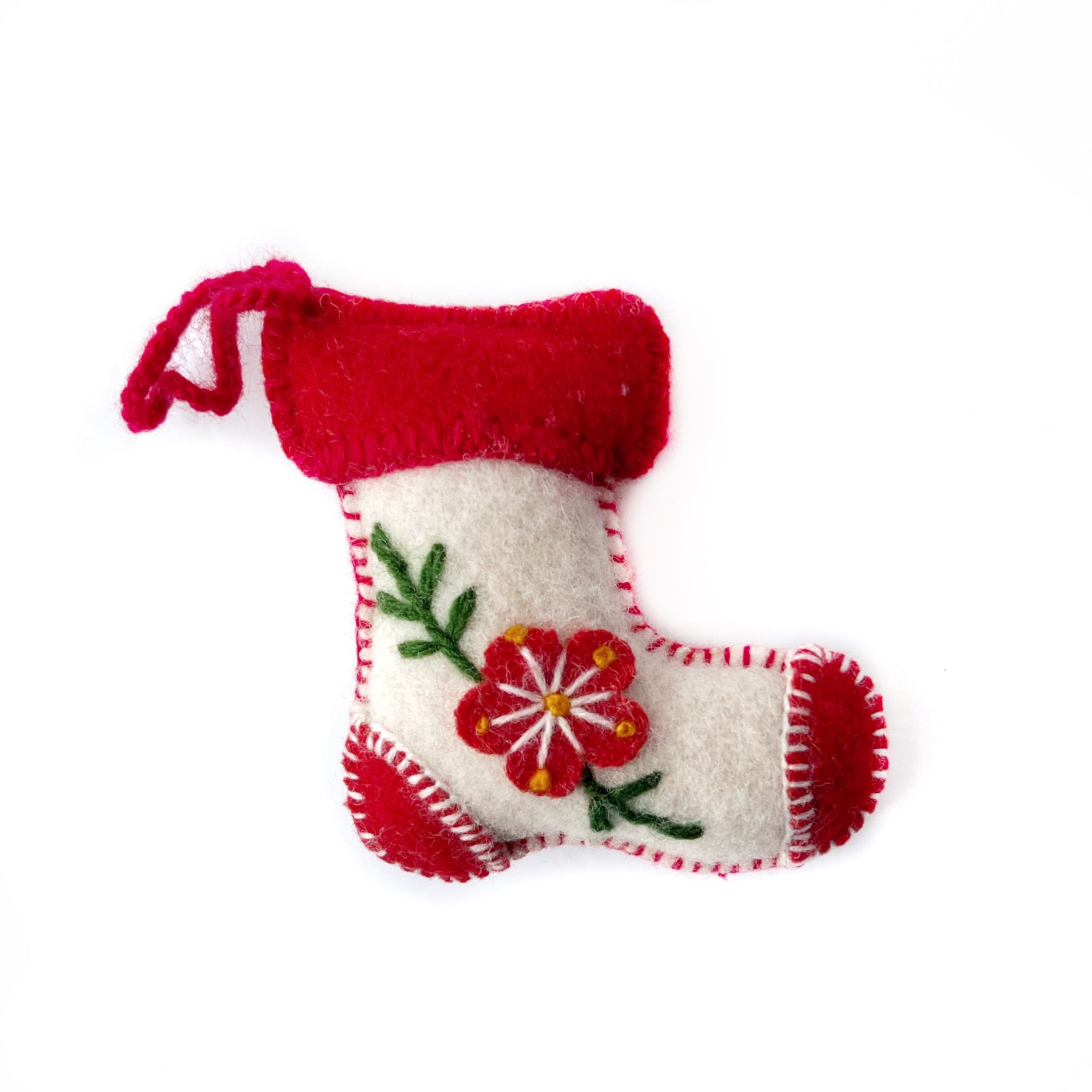 White Stocking Ornament, Embroidered Wool