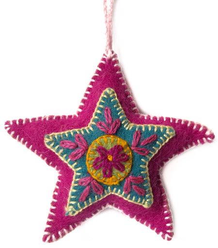 Star Ornament, Embroidered Pink Wool