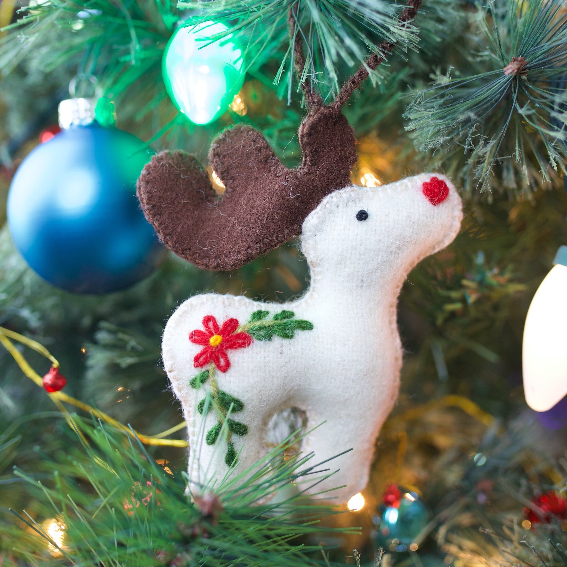 Reindeer Ornament, Embroidered Wool