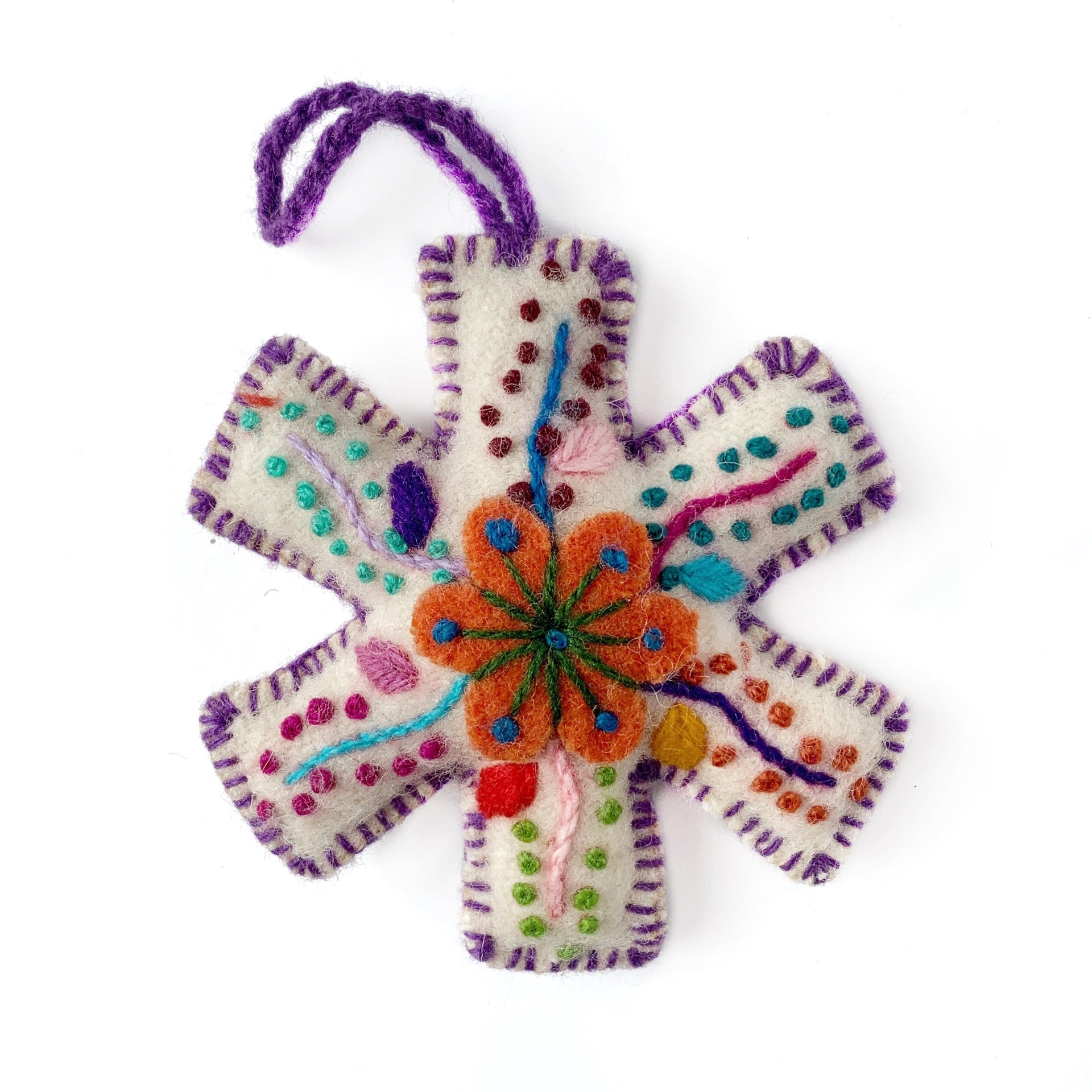 Purple Embroidered snowflake christmas ornament from Peru handmade fair trade