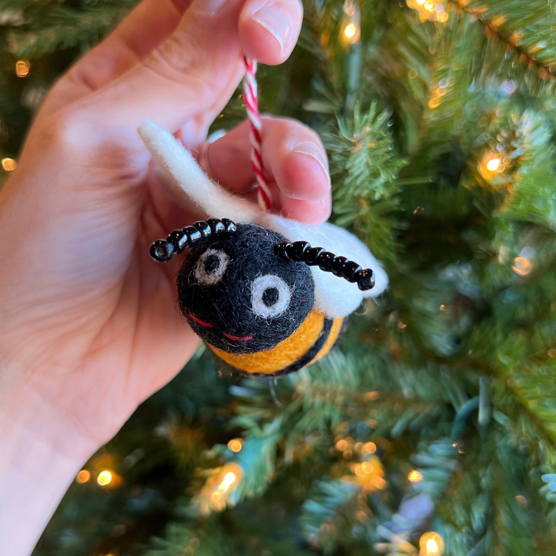 Holding a felt bee Christmas Ornament 