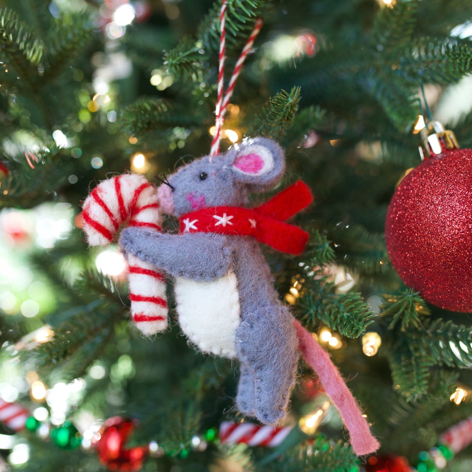 Mouse with Candy Cane Ornament, Felt Wool