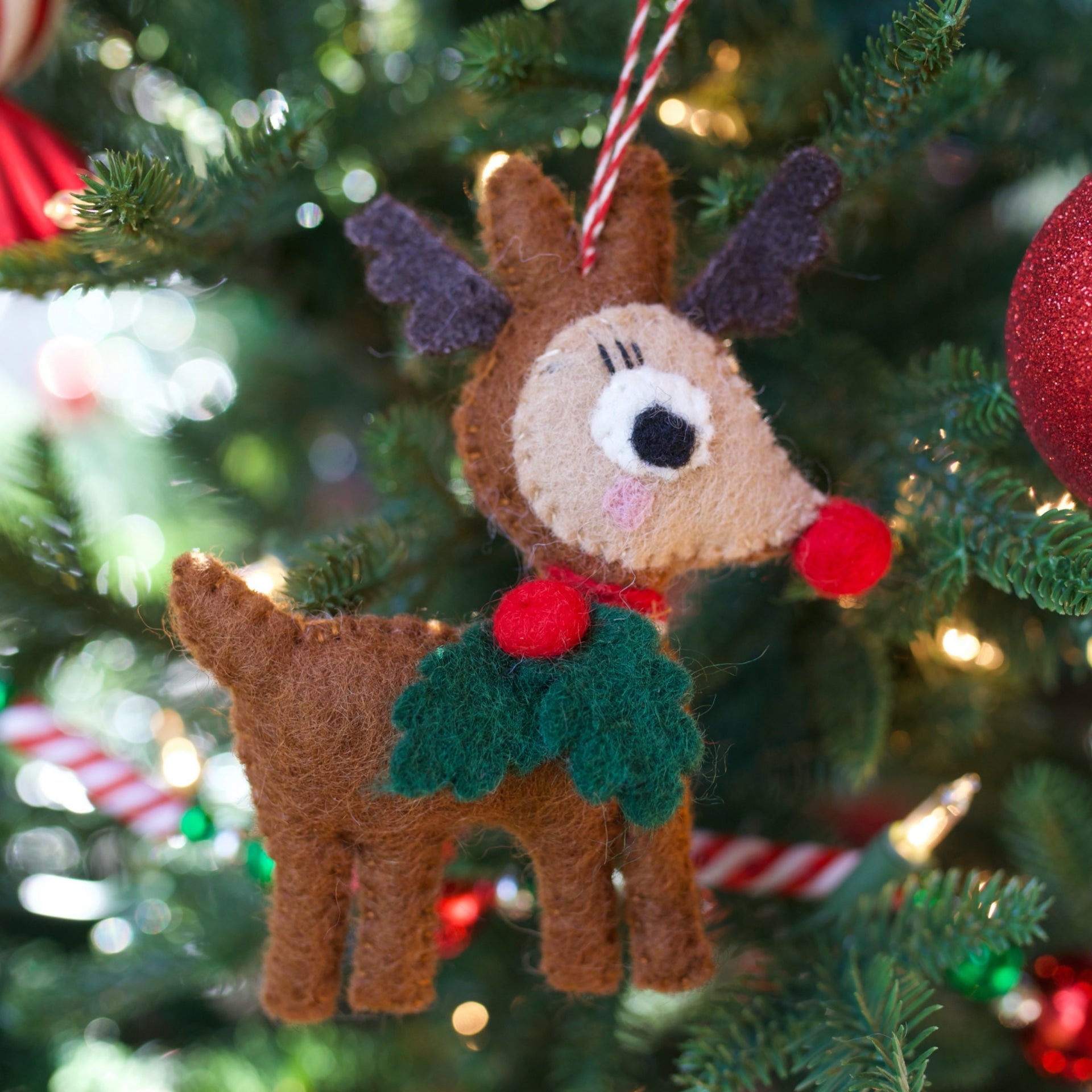 Reindeer with Holly Ornament, Felt Wool