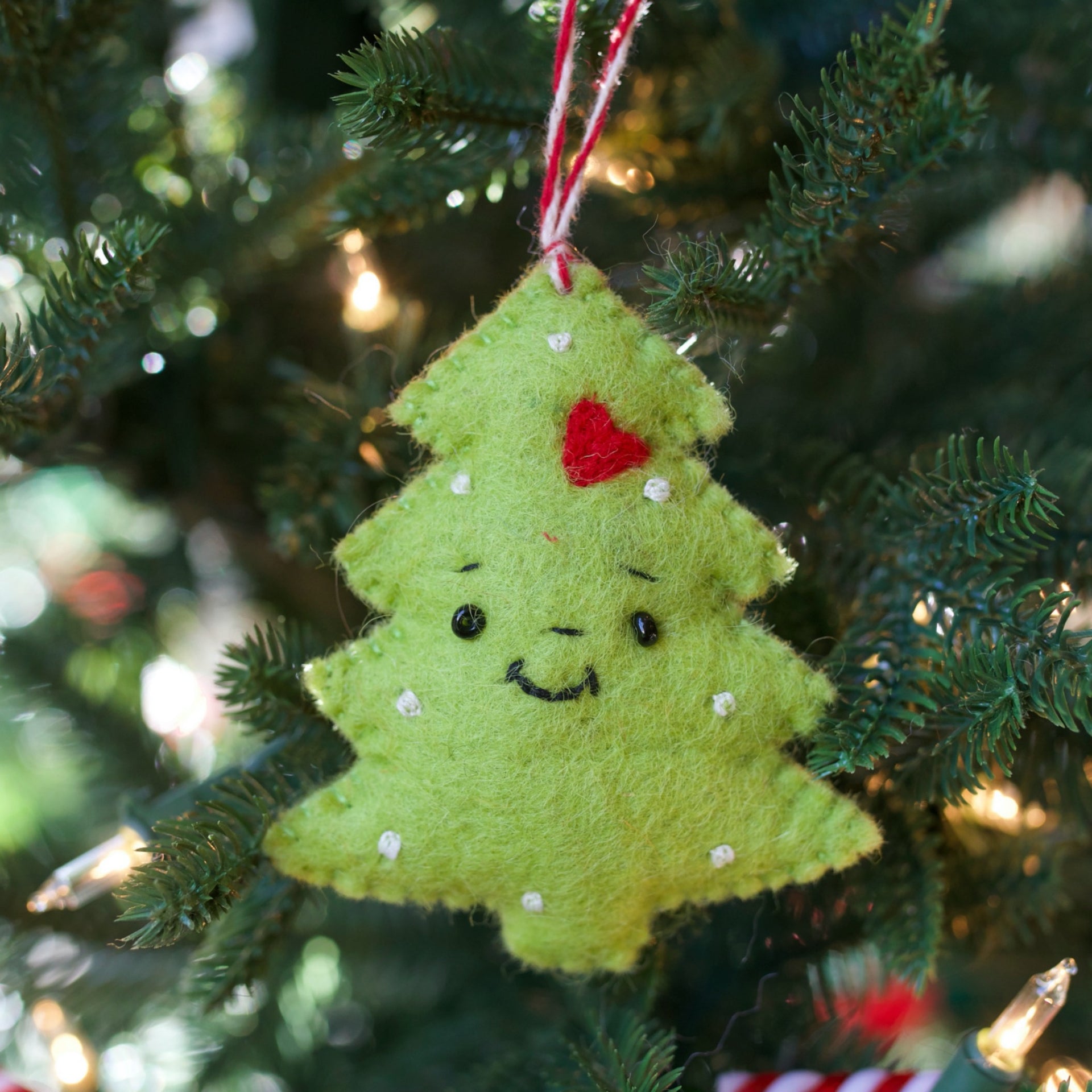 Smiling Christmas Tree Ornament, Felt Wool