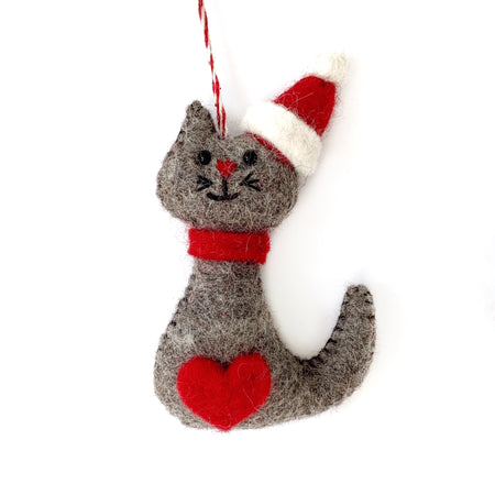 Cat in Santa Hat Ornament, Felt Wool