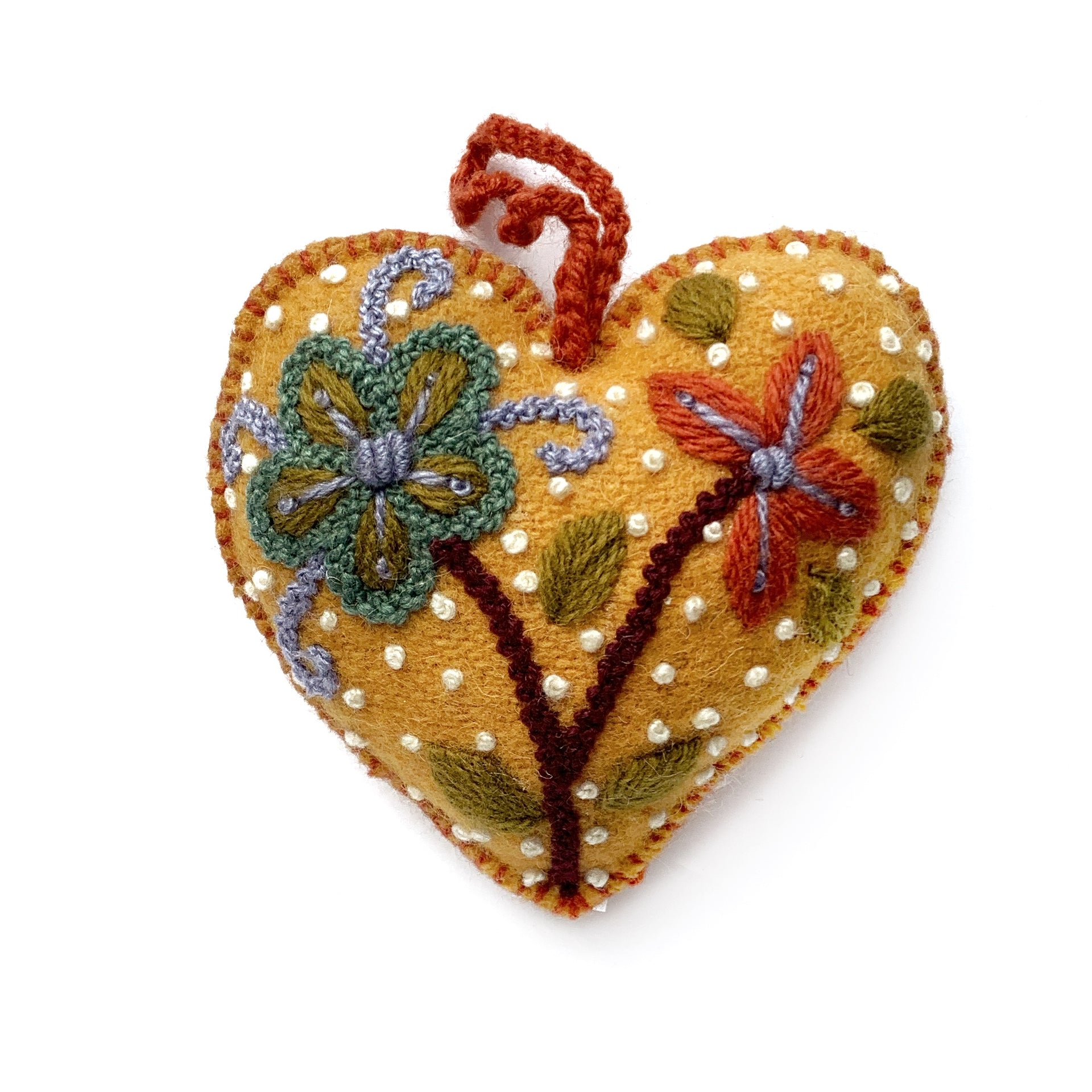 Mustard Heart Christmas Ornament Embroidered Wool Fair Trade