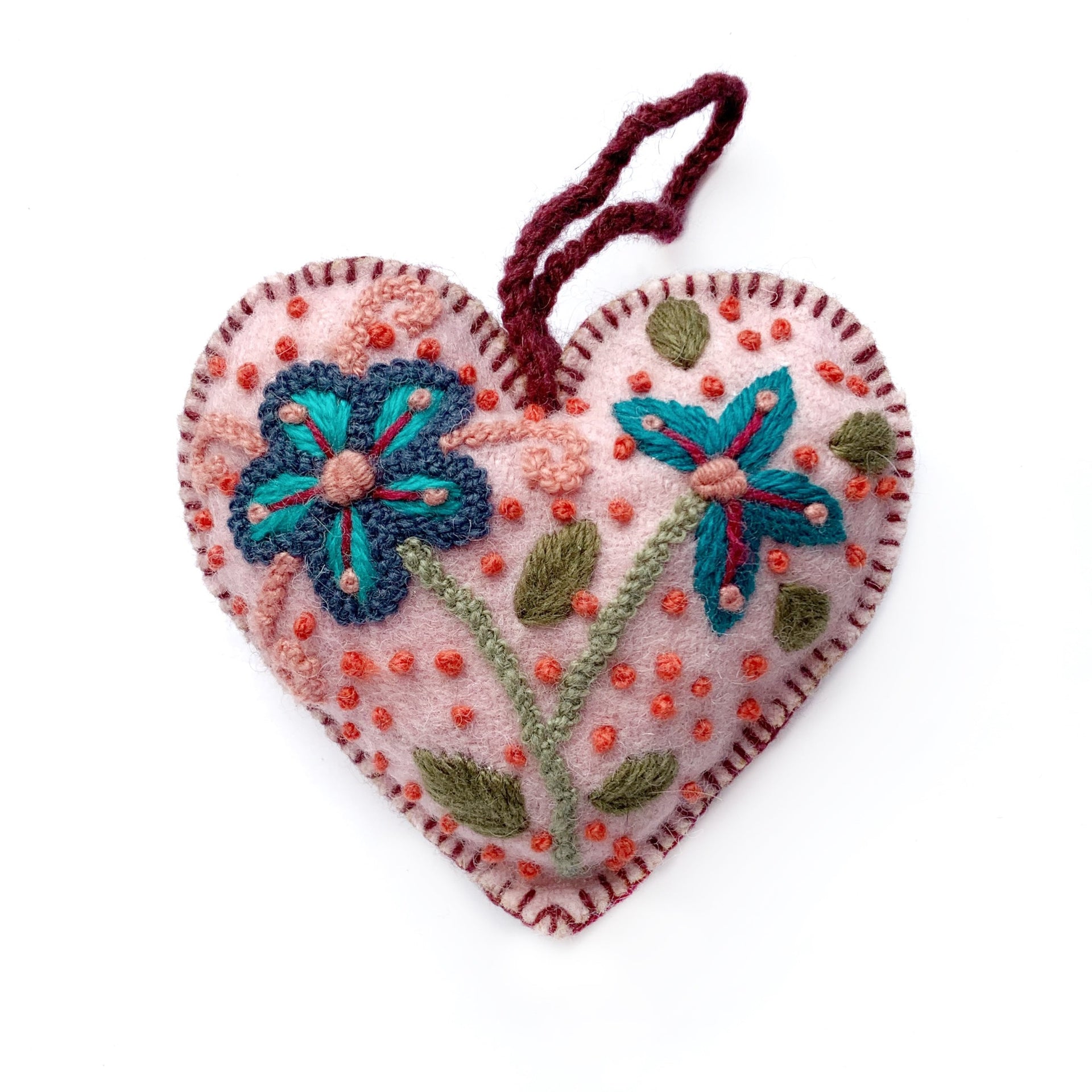 Pink Heart Christmas Ornament Embroidered Wool Fair Trade