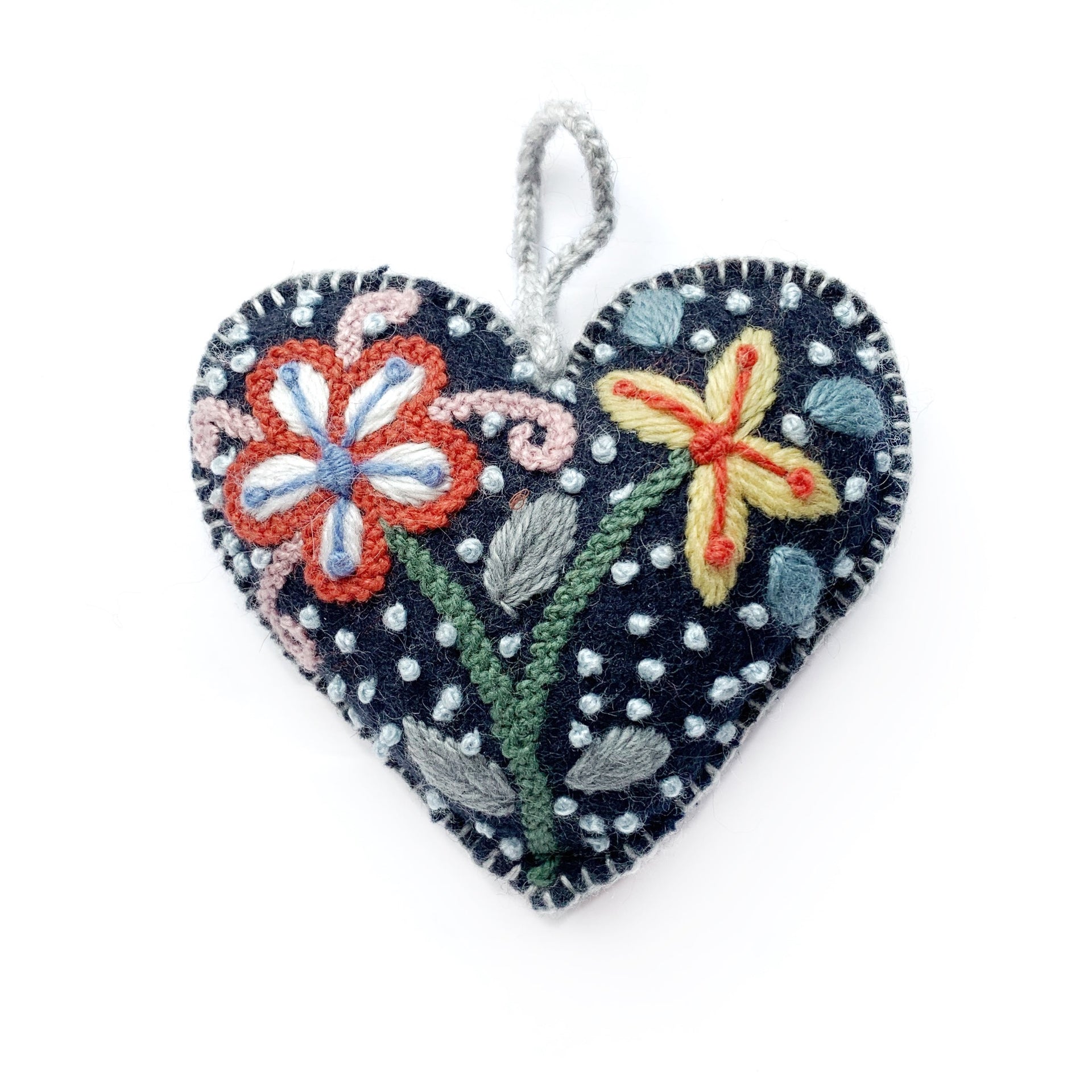 Navy Blue Heart Christmas Ornament Embroidered Wool Fair Trade