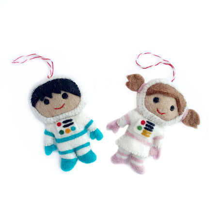 Boy and Girl Kid Astronaut Christmas Ornaments made of felt wool by Ornaments 4 Orphans, a fair trade company.