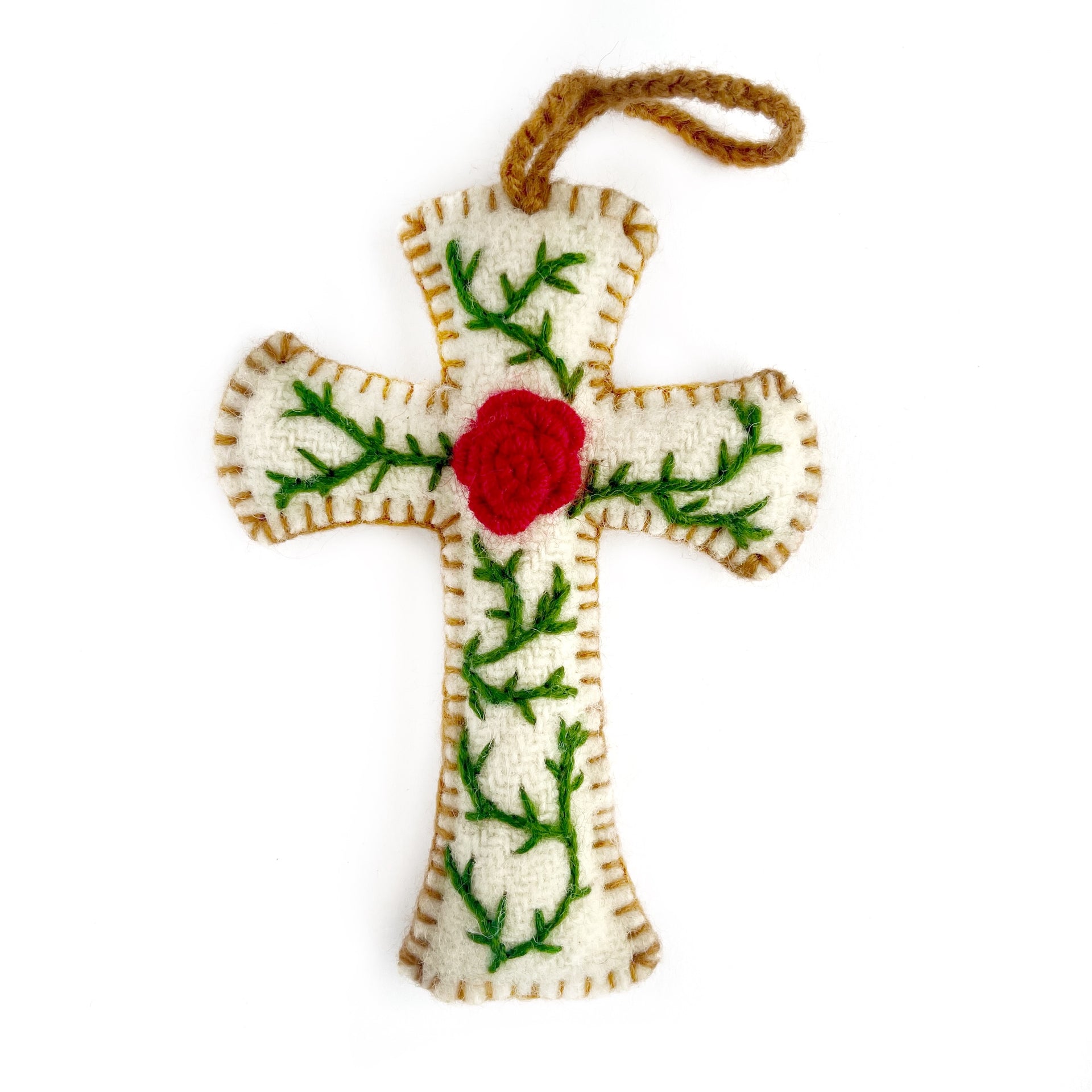 Cross with Rose Ornament, Embroidered Wool