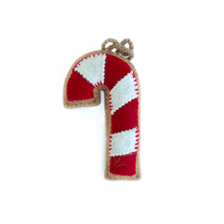 Gingerbread Candy Cane Ornament, Embroidered Wool
