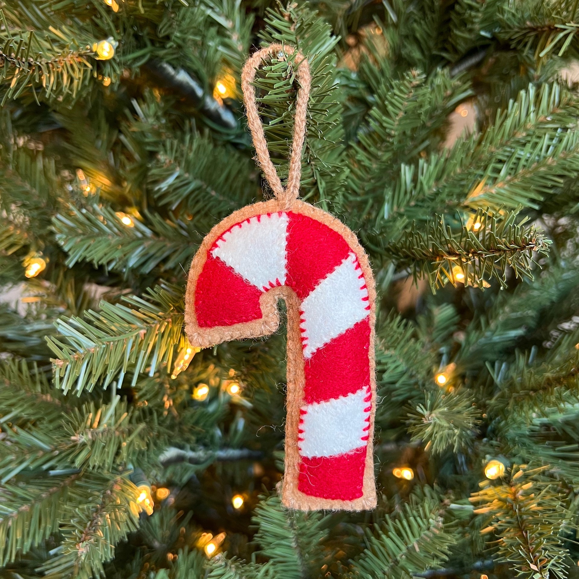 Gingerbread Candy Cane Ornament, Embroidered Wool