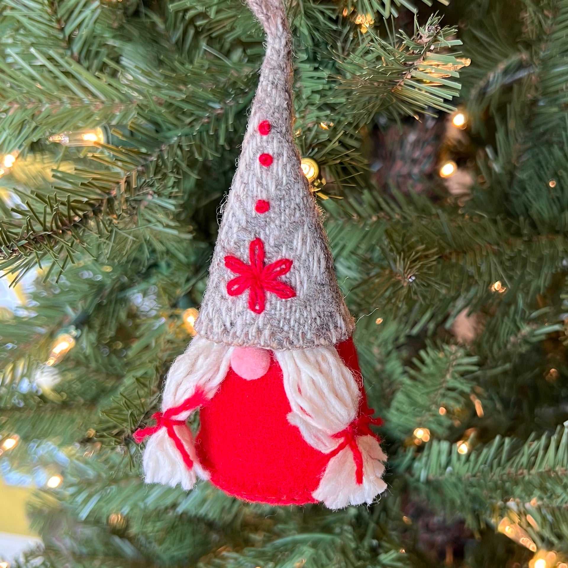 Gnome Woman Ornament, Embroidered Wool