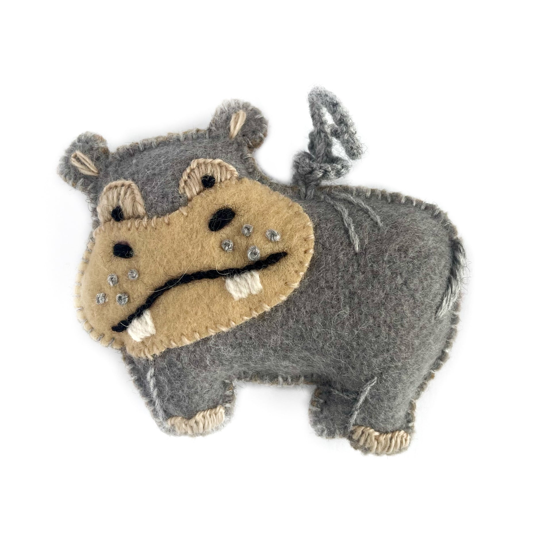 Hippo Ornament, Embroidered Wool