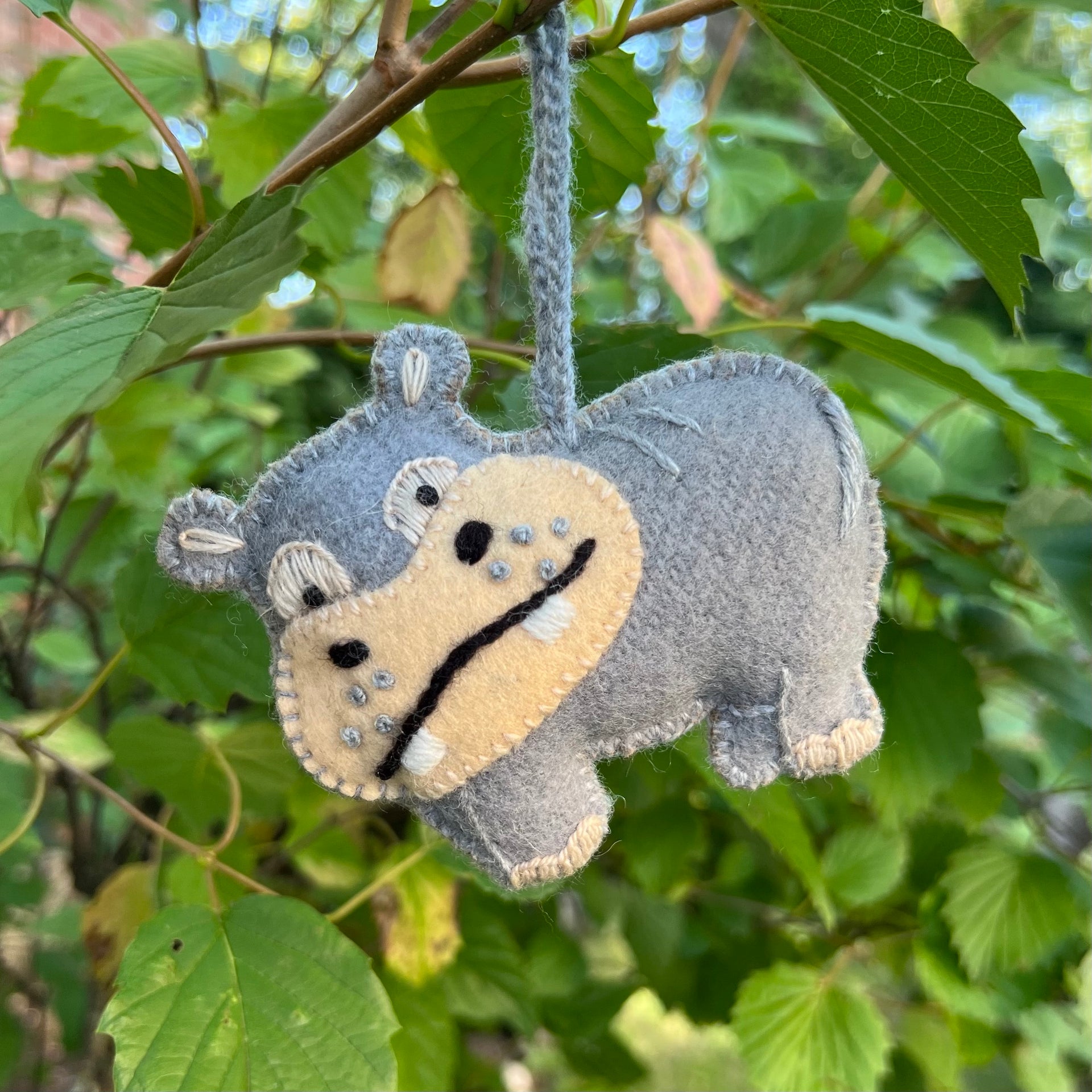 Hippo Ornament, Embroidered Wool