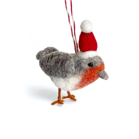 Bird in Santa Hat Ornament, Tufted Wool