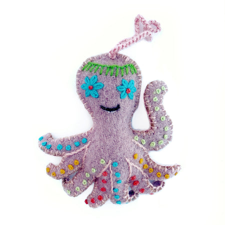 Octopus Ornament, Embroidered Wool